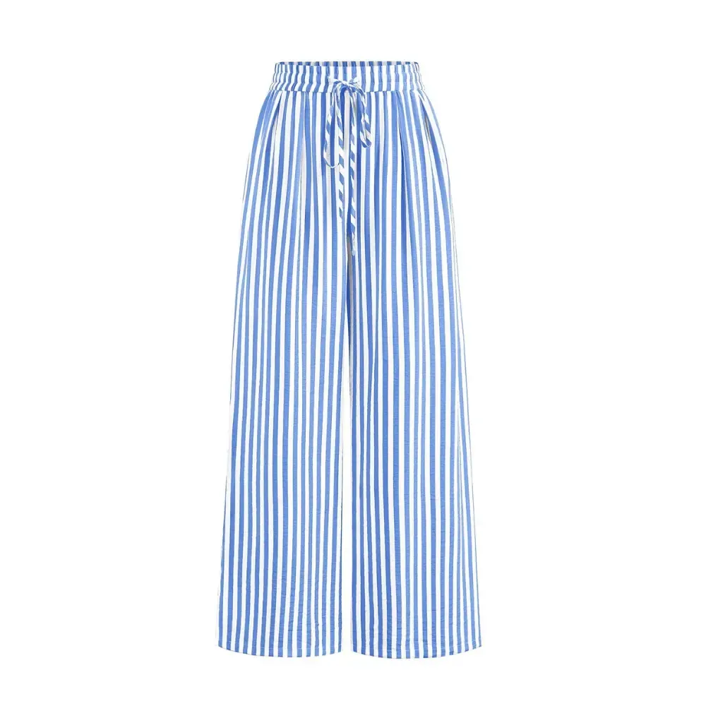 Women's Pants Elastic Waist Striped Lightweight Palazzo Trousers With Pockets Casual Lounge Wide Leg Bottoms