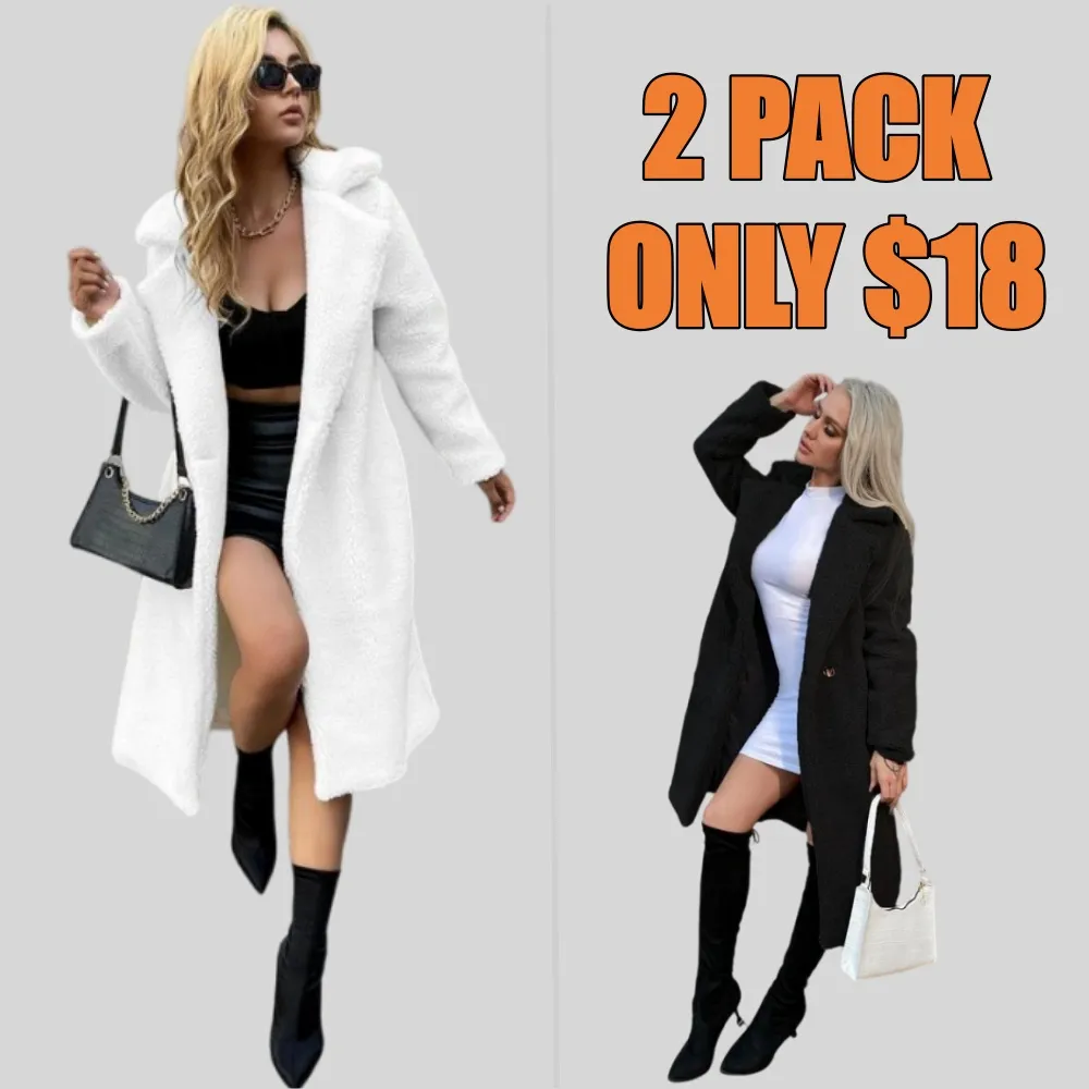 Women Faux Fur Pocket Button Lapel Coat