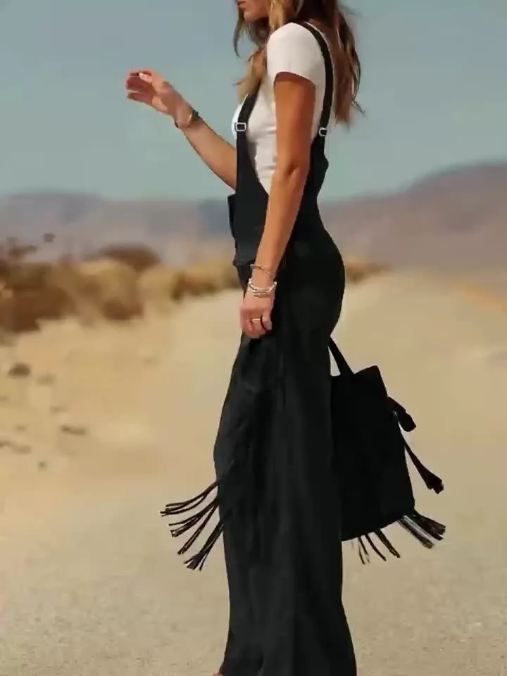 Women's Retro Faux Suede Fringe Wide-Leg Cargo Pants