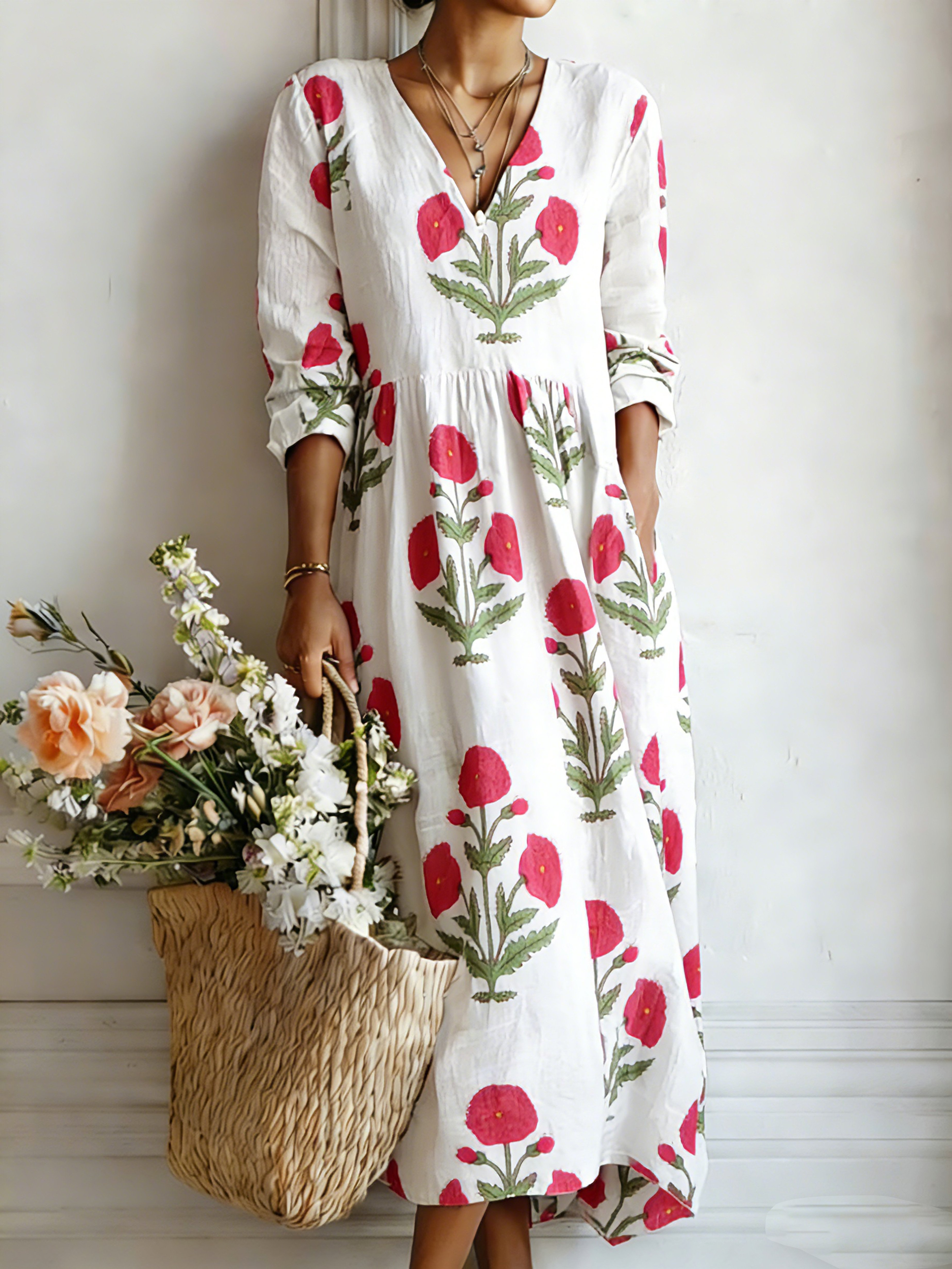 Elegant floral print V-neck linen-style dress for women- Fast Shipping