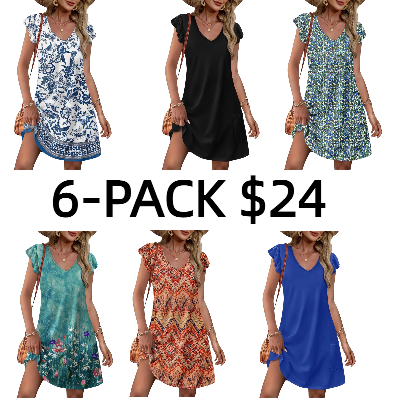 Womens Summer Dresses Ruffle Sleeve V Neck Loose Swing Sundresses with Pockets Plain/Print