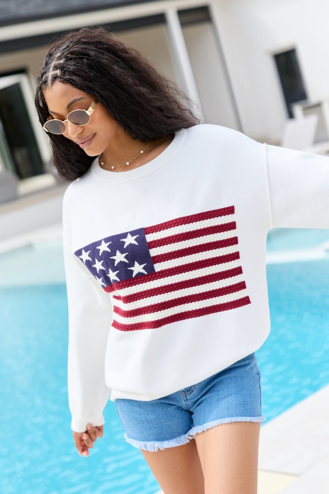 Home Of The Free Ivory Textured Flag Sweater