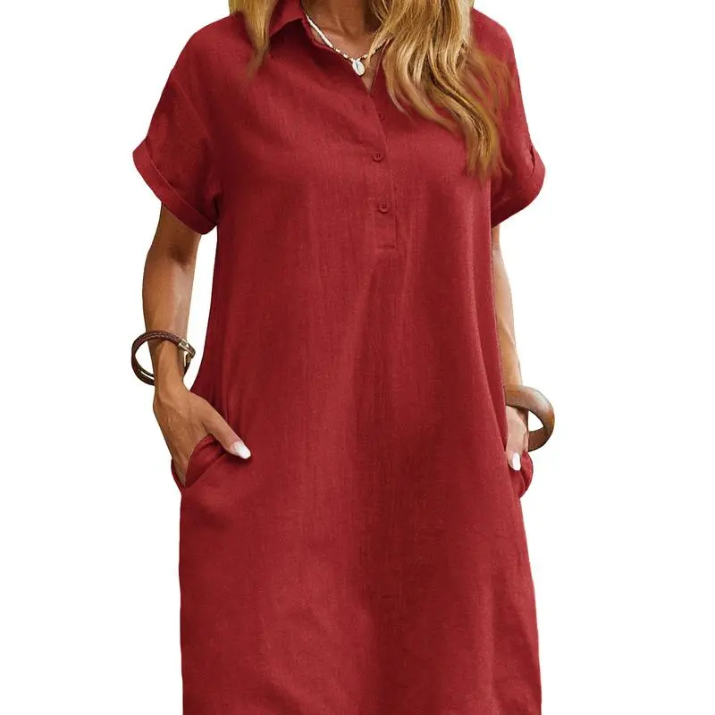 Womens Cotton Shirt Dress Summer Casual Short Sleeve Button Down Beach Cover Up Shirts with Pockets