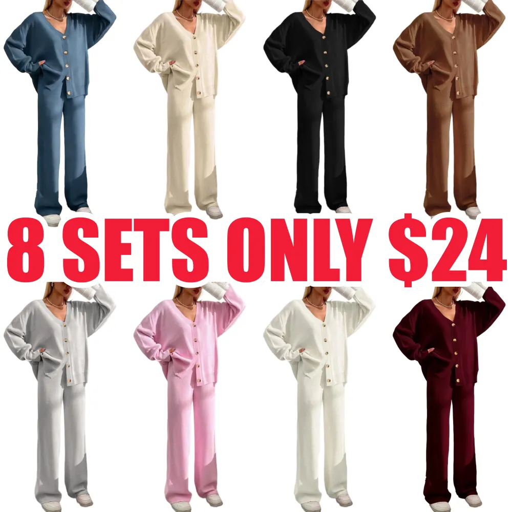 Women's Button Front V-Neck Cardigan & Wide Leg Pants Set