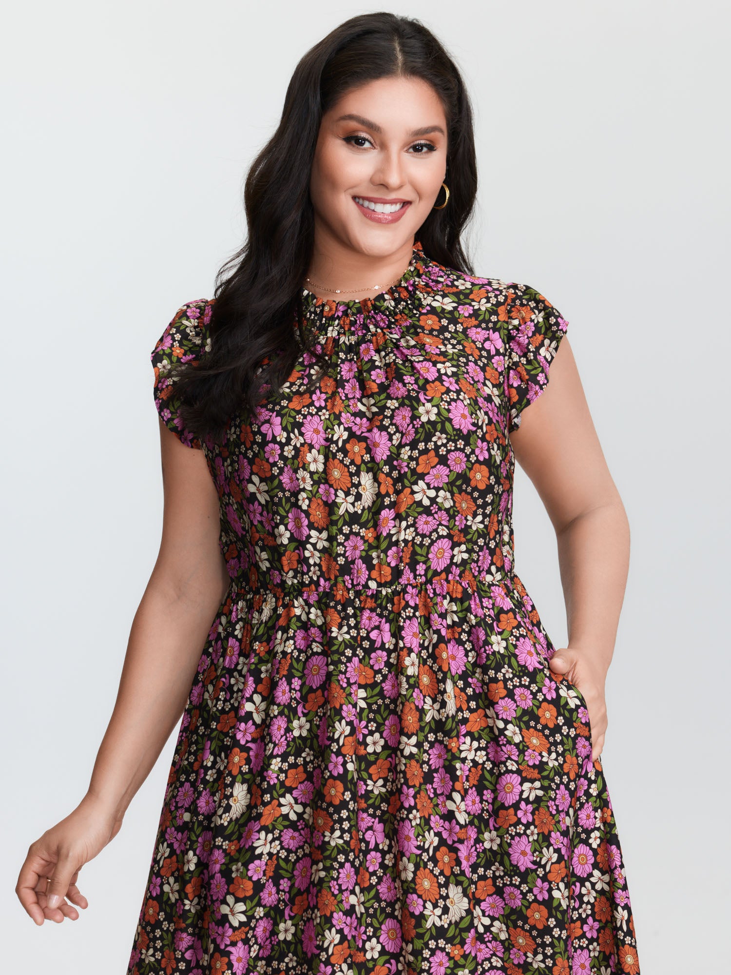 Chic Floral Print Ruffled Mock Neckline Mini Dress