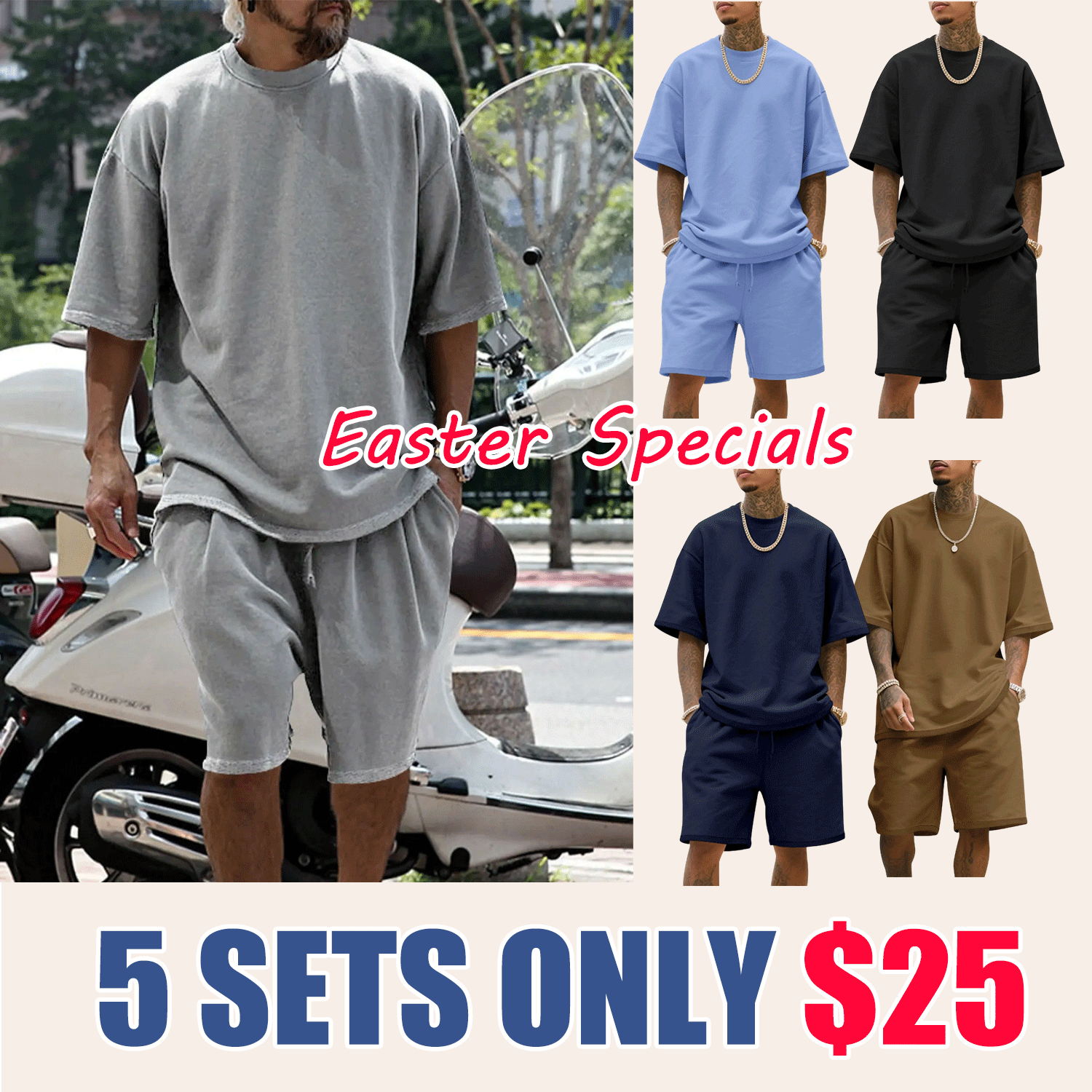 💥Easter Sale!Men's Summer Casual Set, Pure Color Round Neck Short Sleeve Tee & Shorts