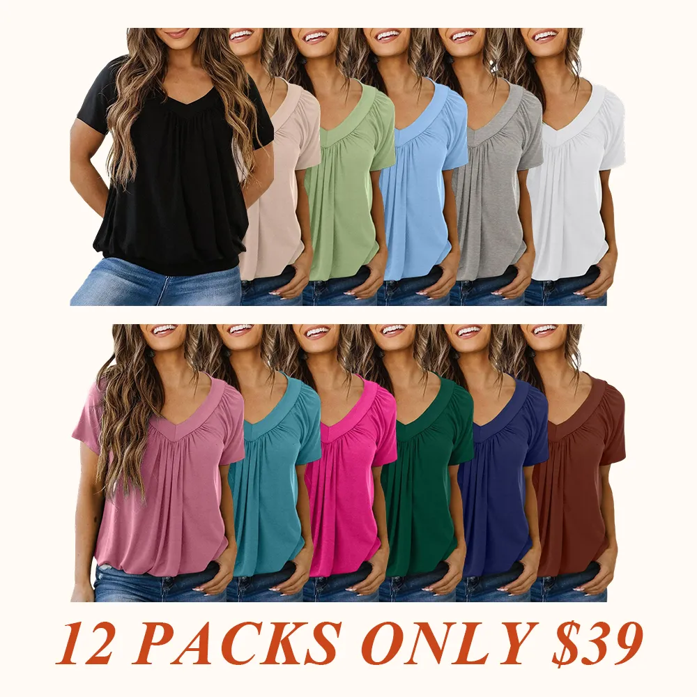 Women's Casual Summer Short Sleeve V Neck Tops T-shirts - Loose Fit & Comfortable Shirring Top