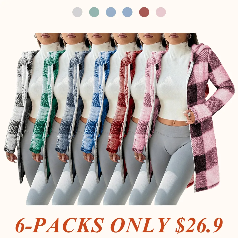 Women's Plaid Fleece Long Sleeve Hooded Coat