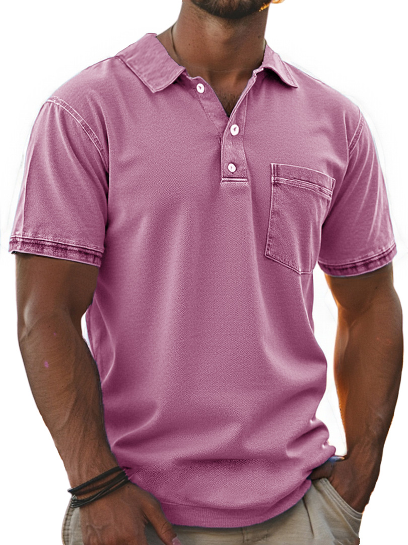 Men's Stylish Retro Pure Cotton Distressed Fabric Pocket Lapel Polo Shirt