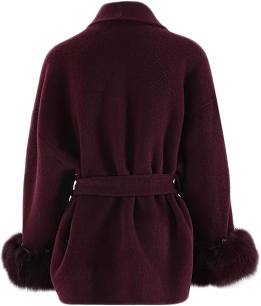 Women's Elegant Solid Color Waist Tie Fuzzy Cuff Wrap Coat, Premium Plush Long Sleeve Thermal Coat, Outerwear Jacket for Fall & Winter(CN/US)