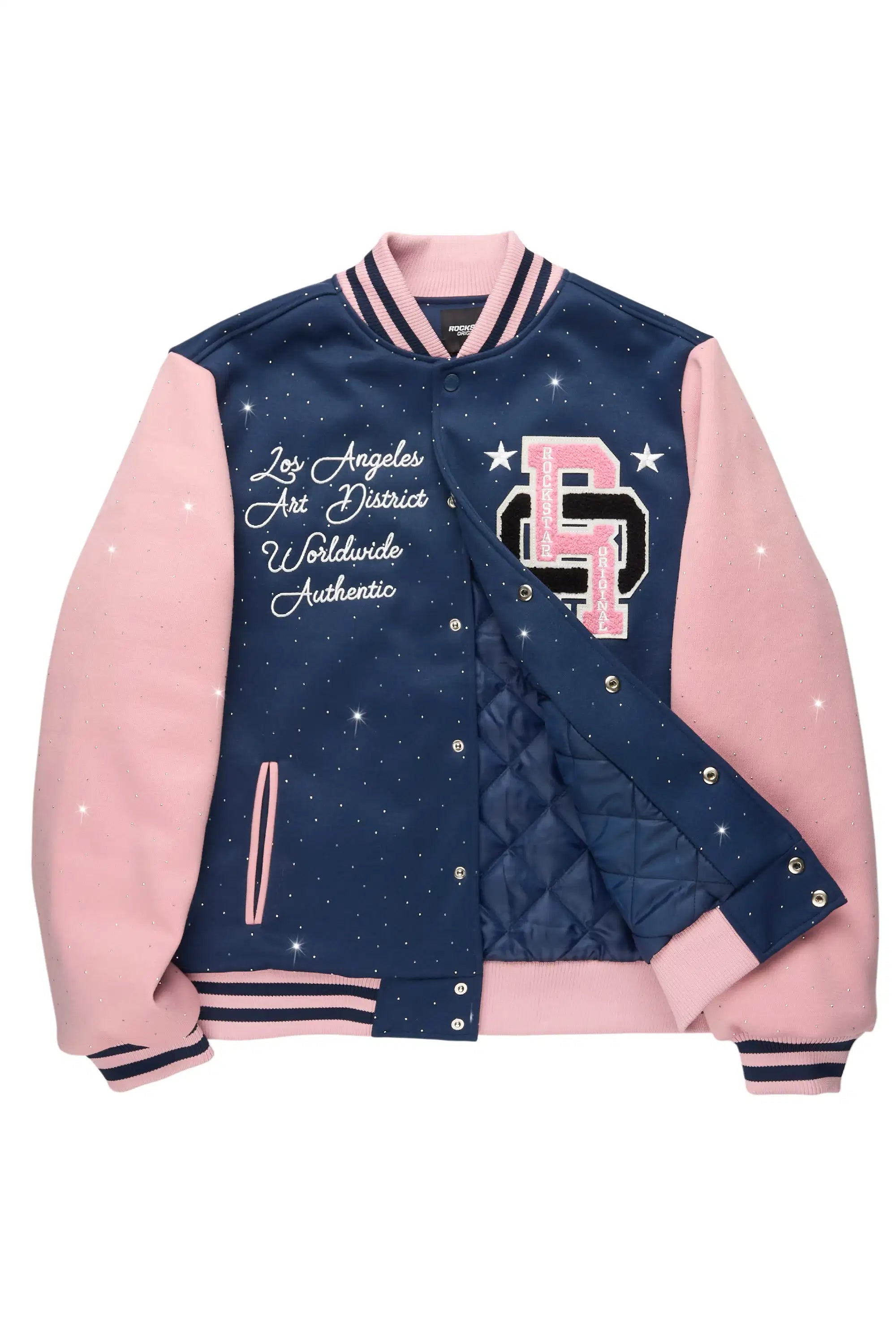 Ranesha Navy/Pink Rhinestone Varsity Jacket