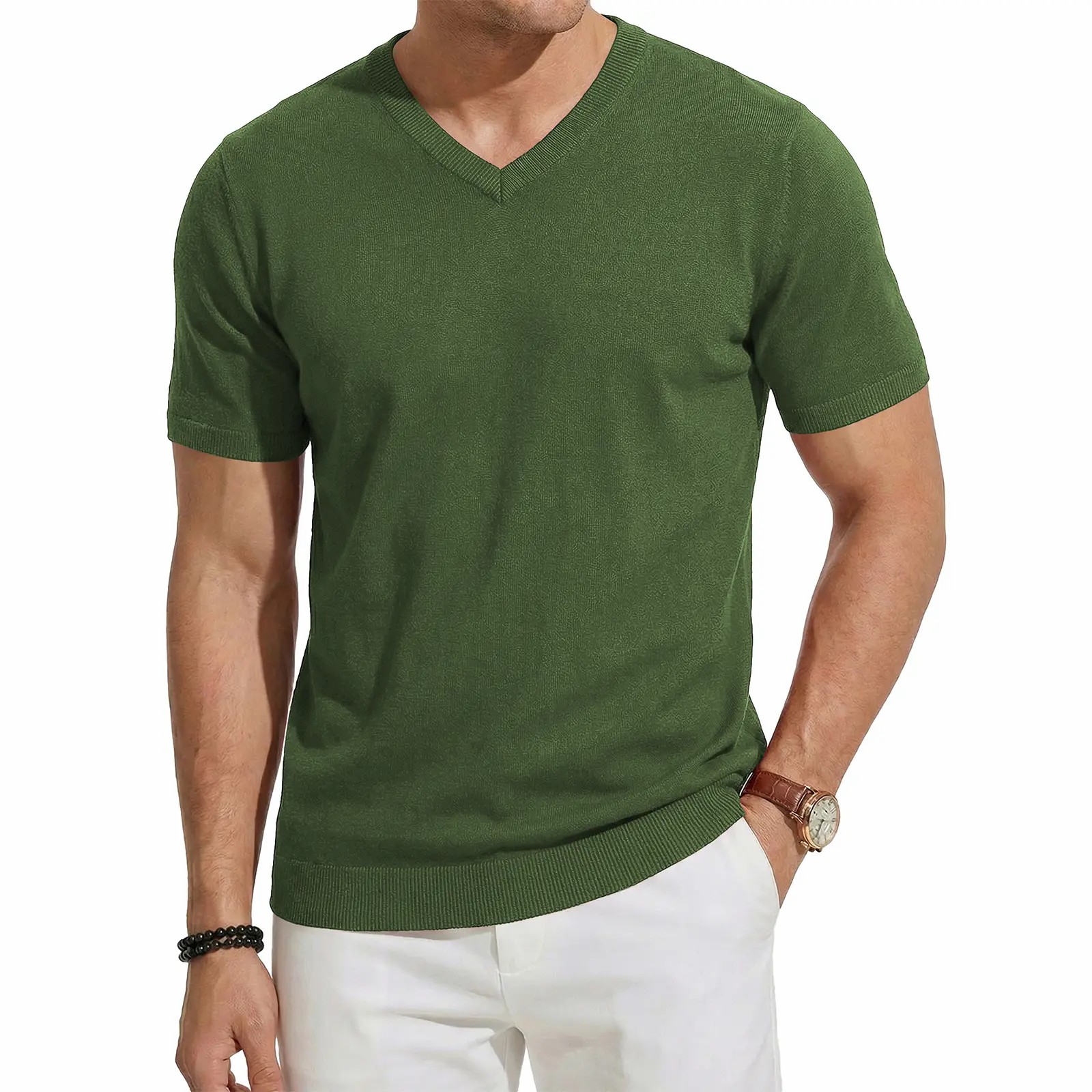 Men's Wool Blend Short Sleeve V-Neck Sweater Soft Textured Knit Pullover for Business Casual Wear