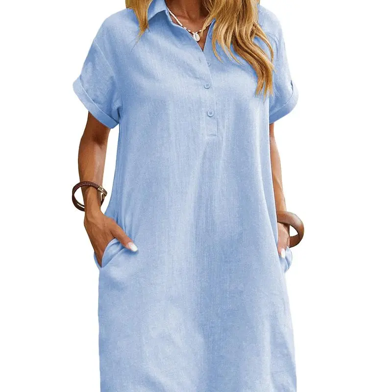 Womens Cotton Shirt Dress Summer Casual Short Sleeve Button Down Beach Cover Up Shirts with Pockets