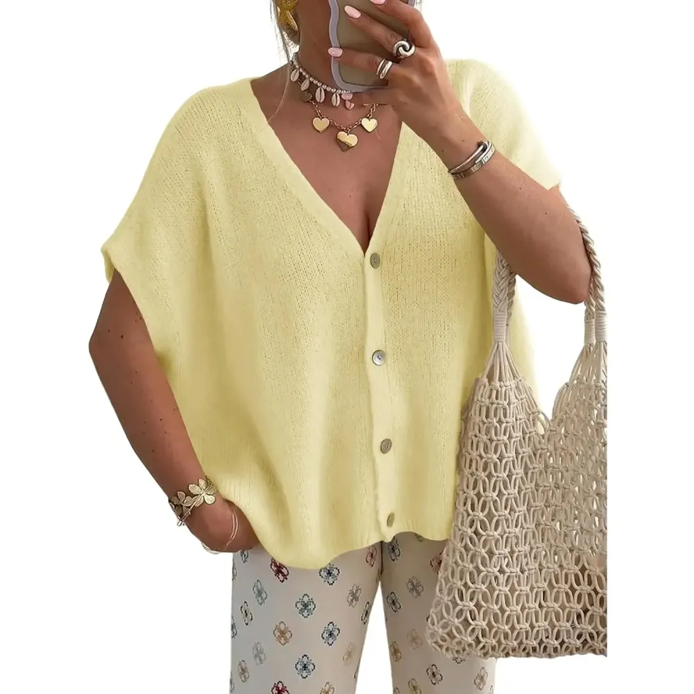 Womens Fall Oversized Cardigans Batwing Short Sleeve Lightweight Button V Neck Casual Knit Sweater Tops