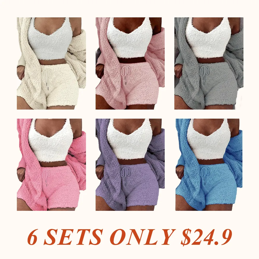 Women's Solid Color Plush Three-piece Pyjama Set, Fluffy Pajamas