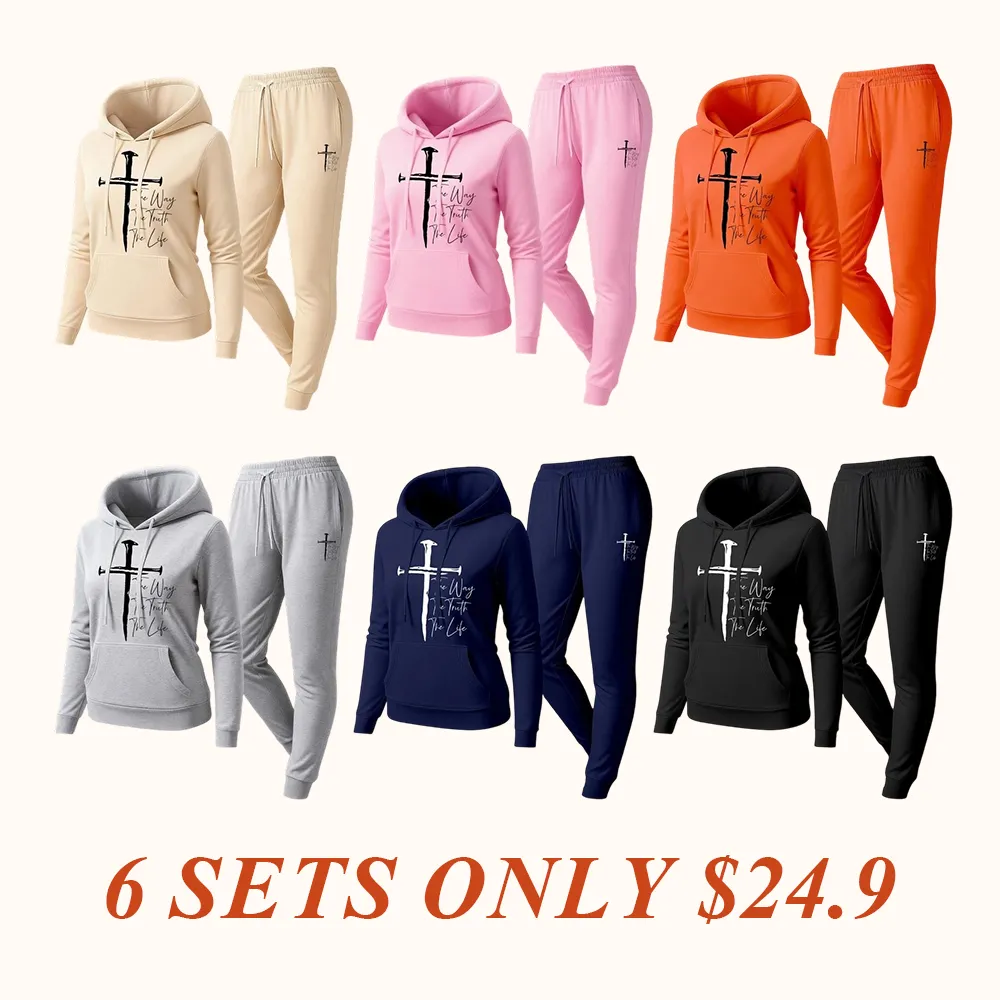 Women's Jesus on the Cross Print Hoodie And Drawstring Track Pants Set