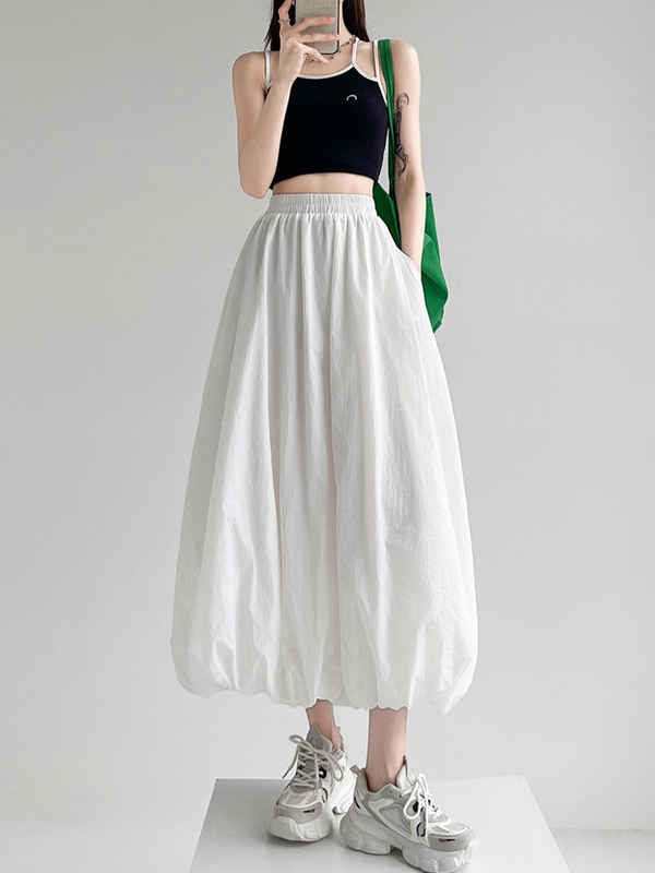 Elasticity Pleated Pockets Solid Color A-Line Loose Skirts Bottoms