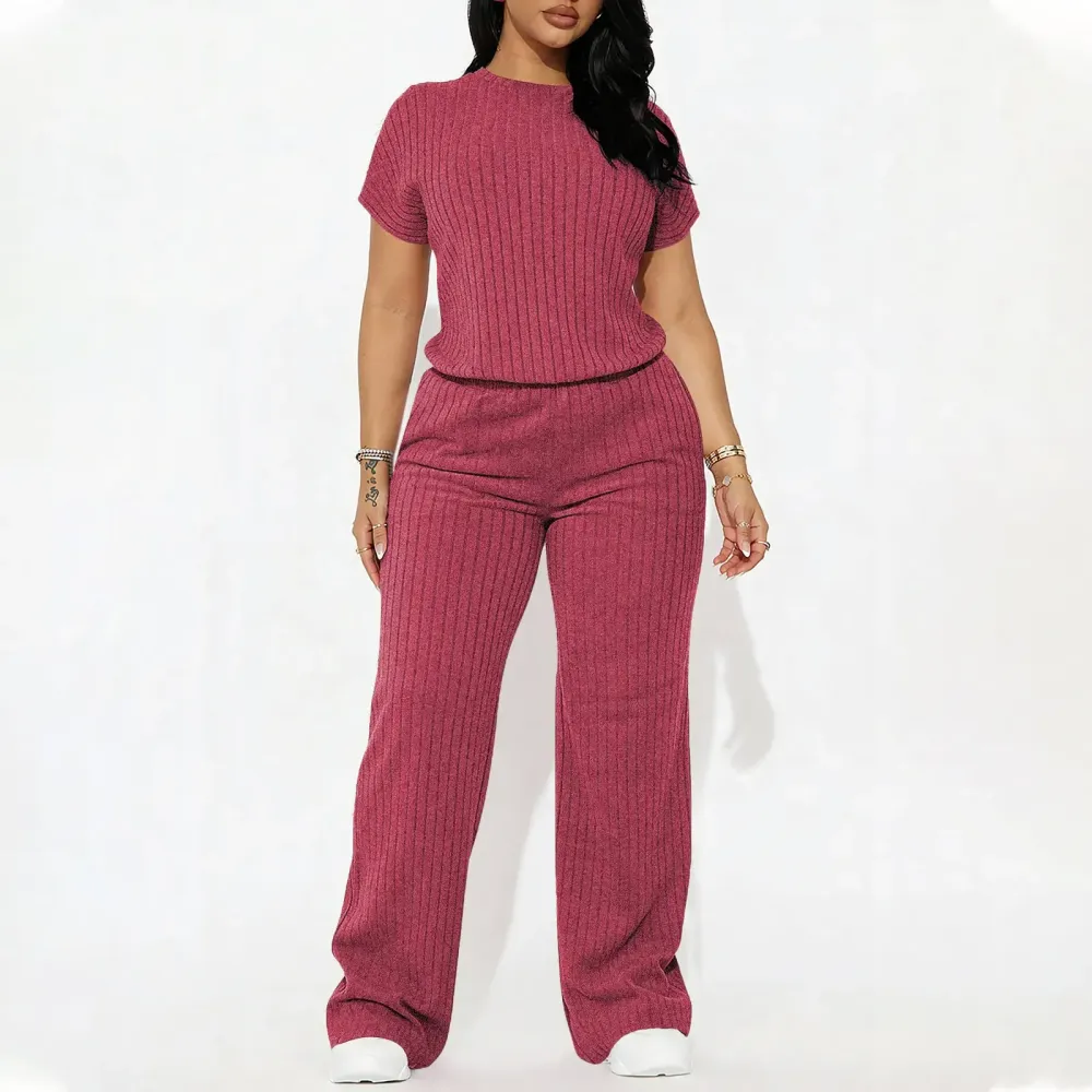 Women's Solid Shortsleeve Crewneck Ribbed Top & Wide Leg Pants Minimalist Casual Fitted