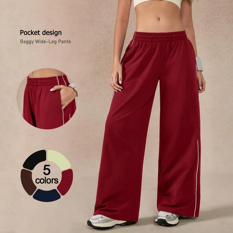 Women's Baggy Wide-Leg Pants – Pocket Design, Elastic Waist & Side