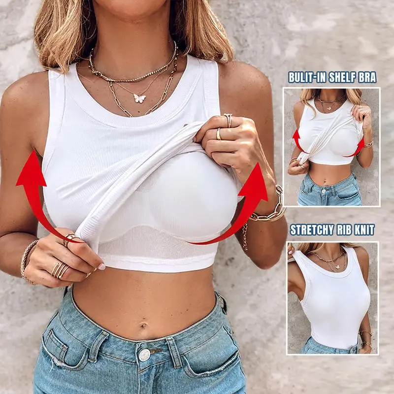 Round Neck Built-in Bra Ribbed Tank Top