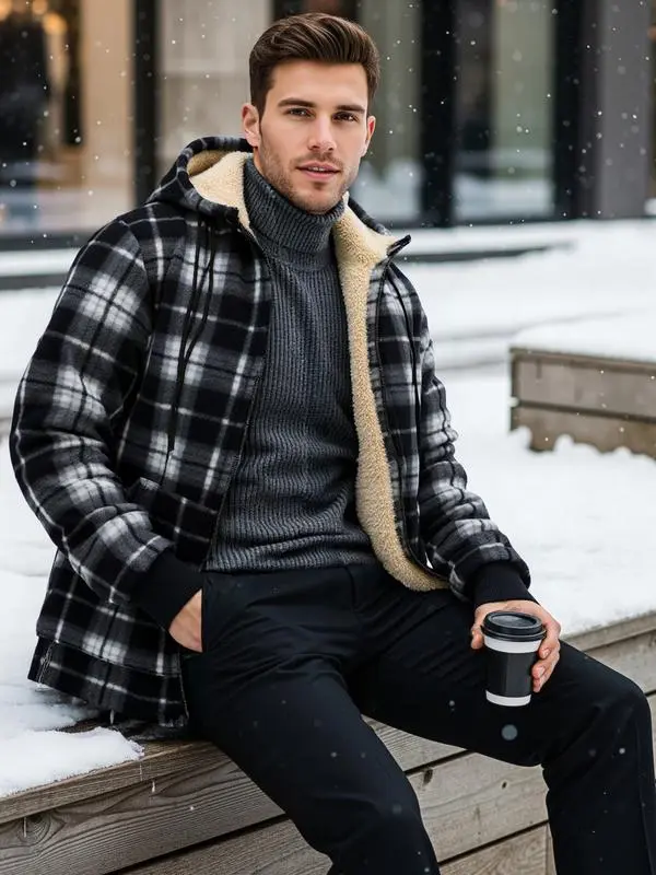 Men's thickened plaid fleece hooded jacket, warm winter jacket with sherpa lining and full zipper closure