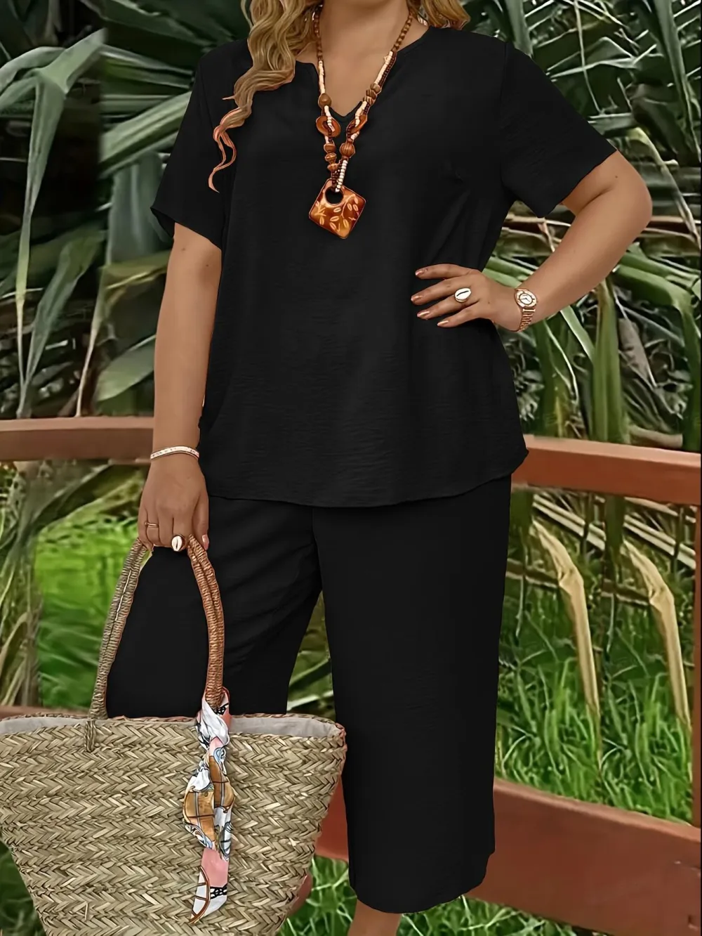 Women's Solid Color Short Sleeve Fashion Top & Casual Wide Leg Pants Set, Summer, Comfortable & Stylish