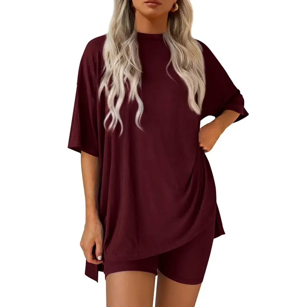 Crewneck Two-Piece Set For Women Summer Casual Oversized Split Hem Shirts