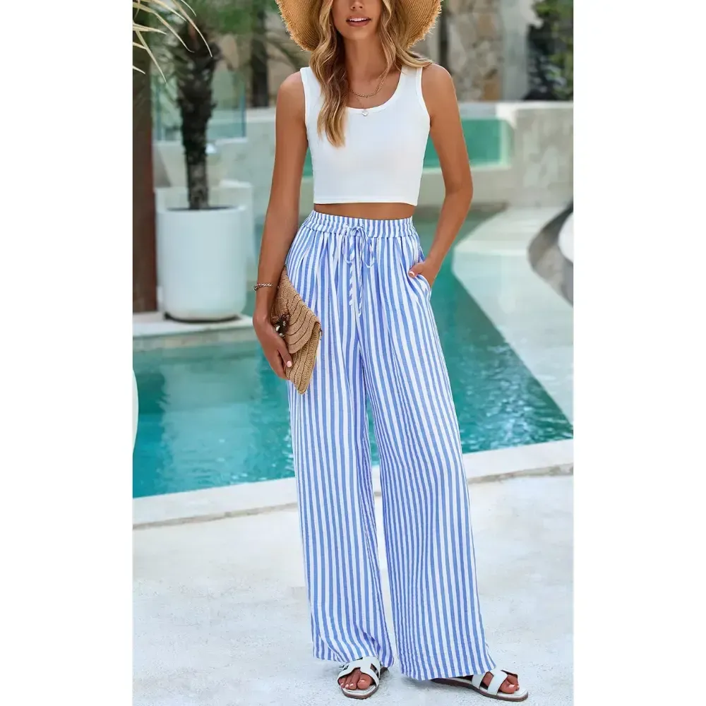 Women's Pants Elastic Waist Striped Lightweight Palazzo Trousers With Pockets Casual Lounge Wide Leg Bottoms