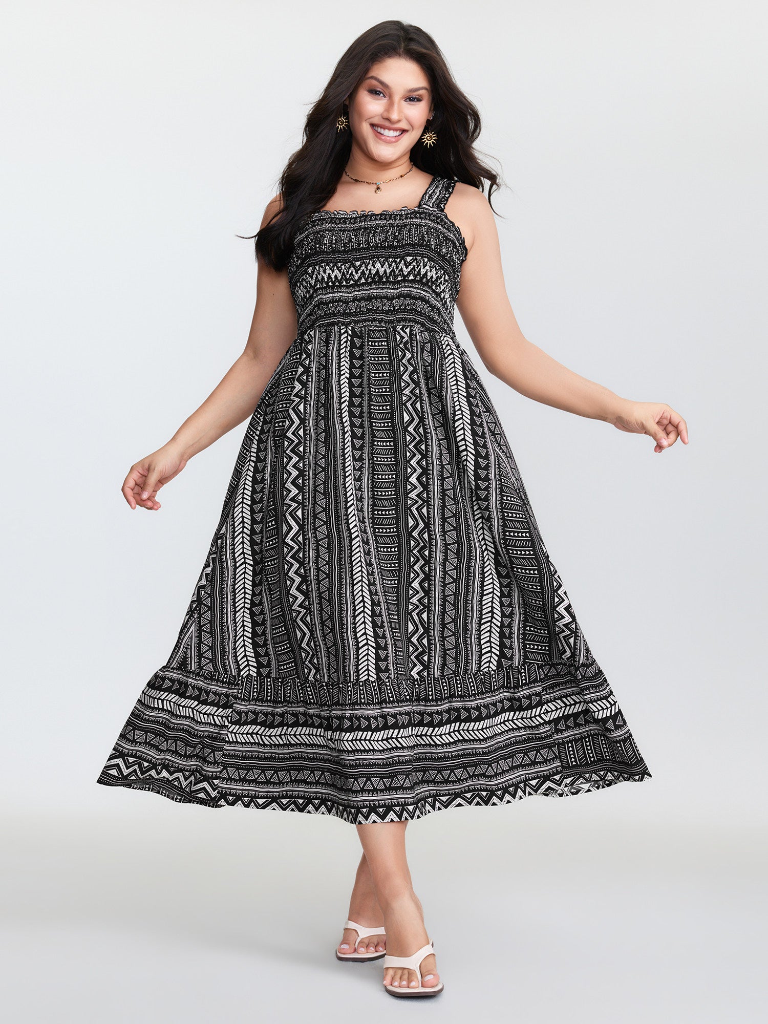 Monochrome Striped Shirred Wide-Straps Midi Dress