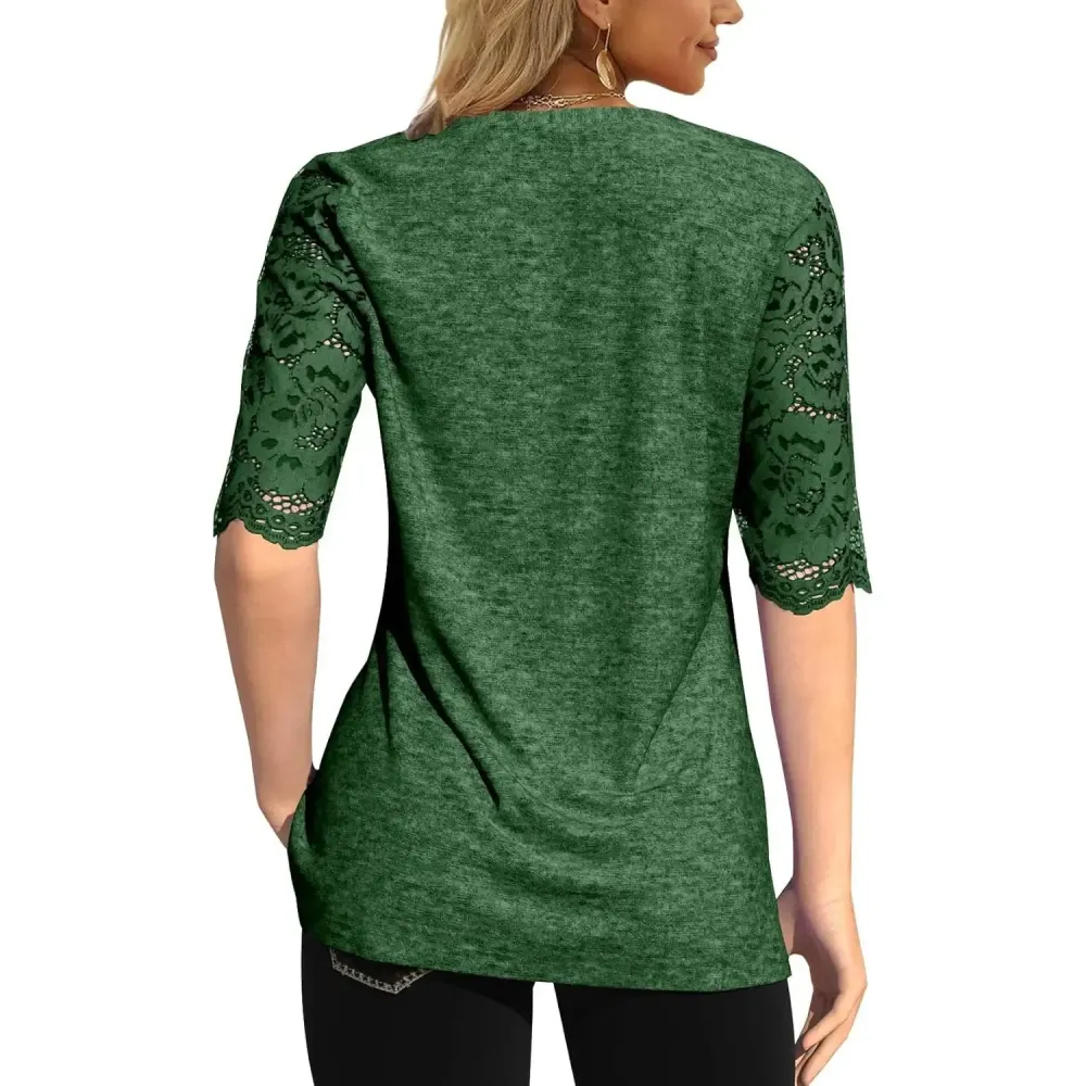 Women's Lace Sleeve Summer T-Shirt V-Neck Botton Up Basic Solid Color Casual Tunic Tops