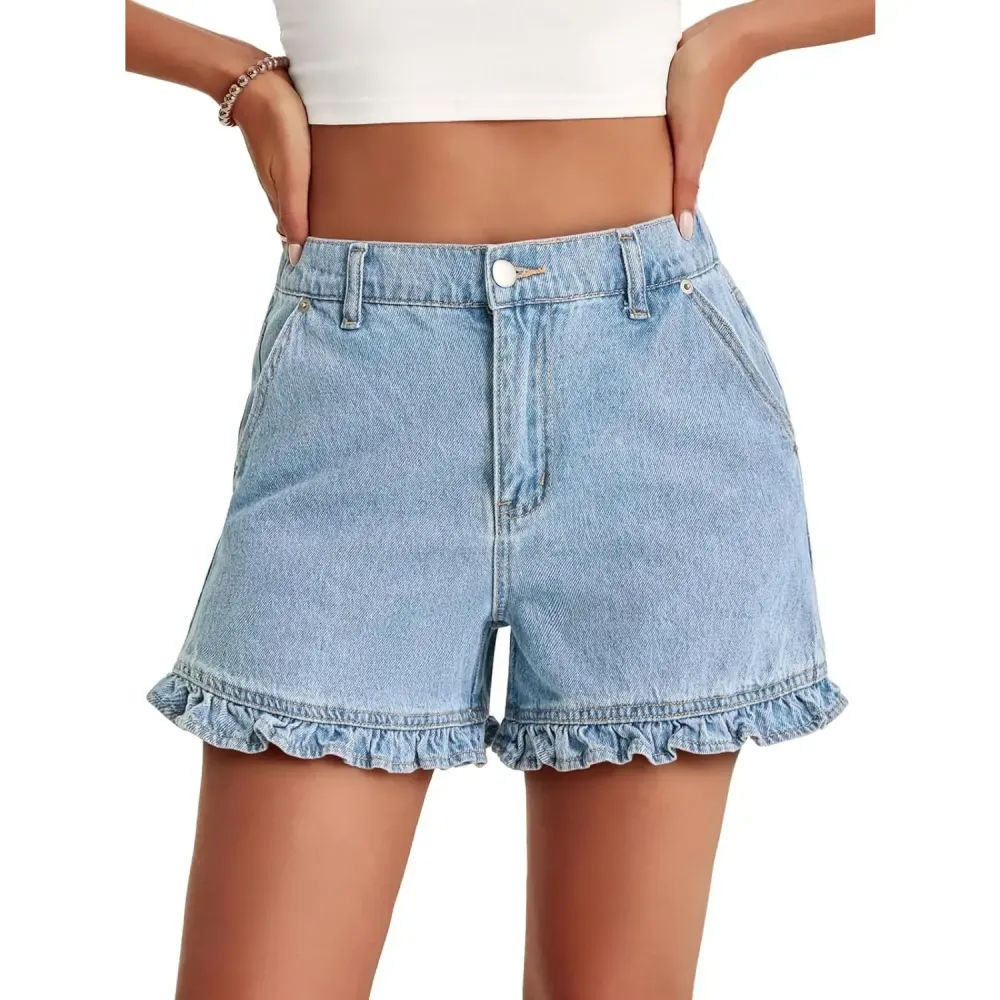 Womens Summer Ruffle Denim Shorts Cute High Waisted Cotton Short Jeans with Pockets