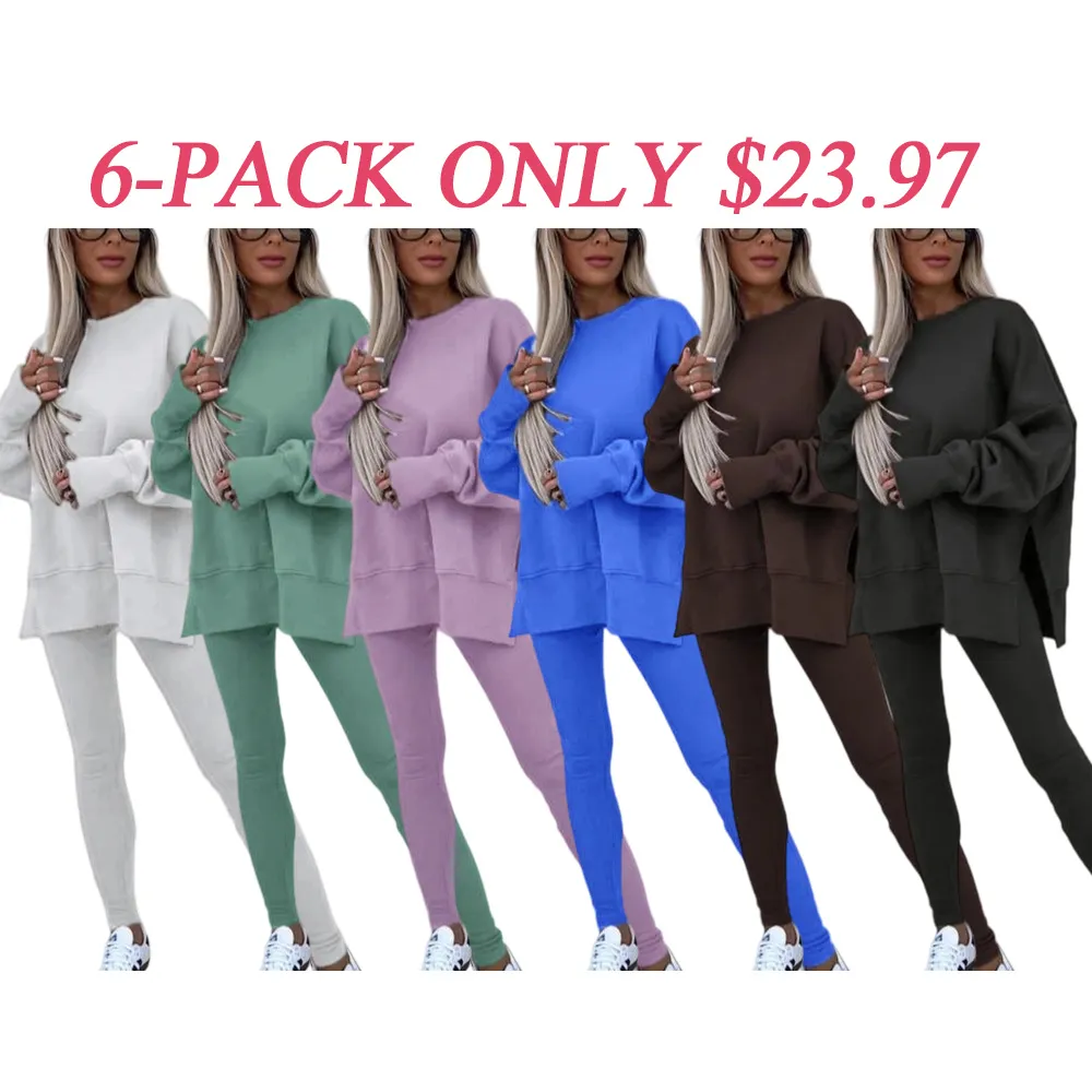 🔥6 PACKS $23🔥-Women's Drop-Shoulder Split Hem Sweatsuit Set