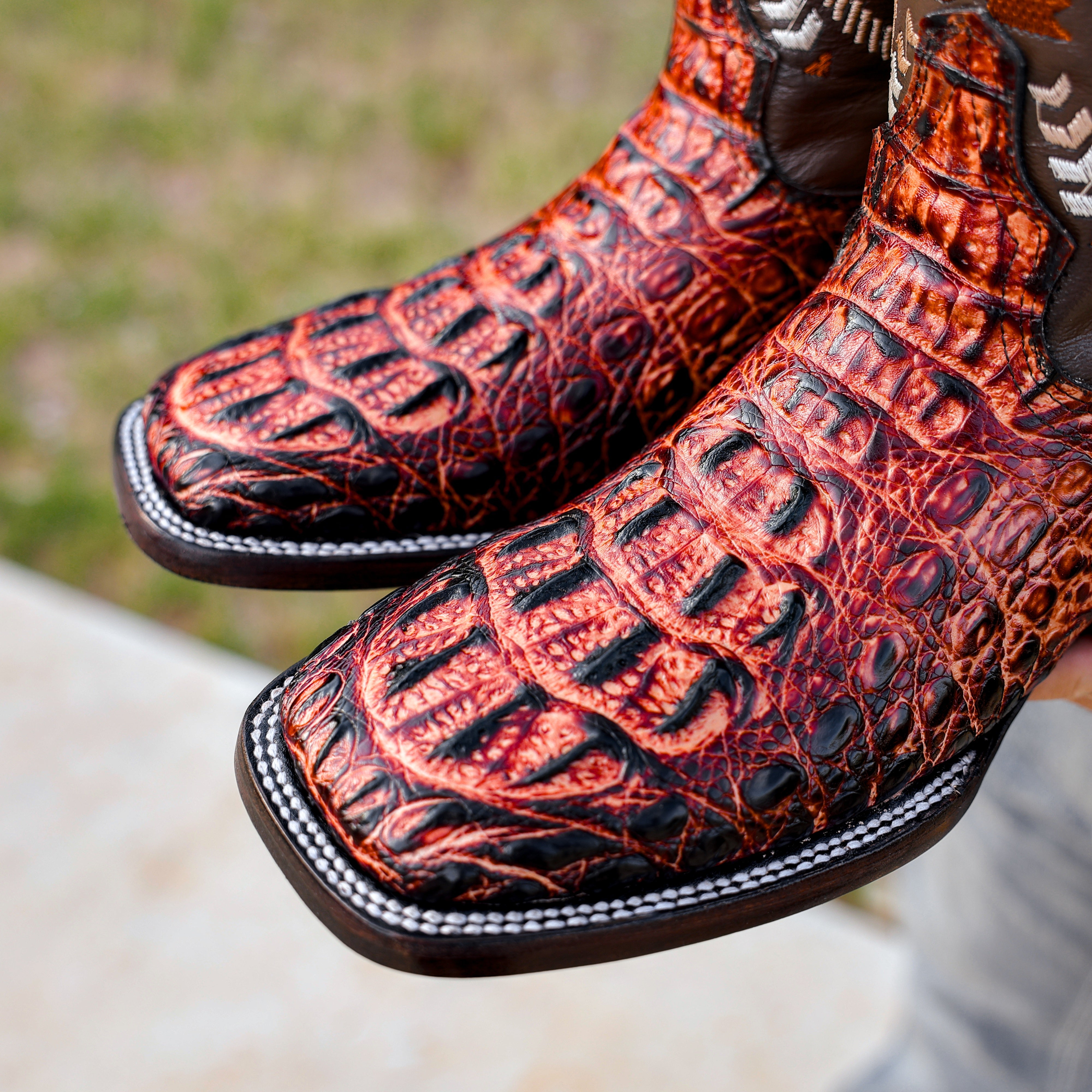 Cognac Caiman Neck Leather Boots - Square Toe