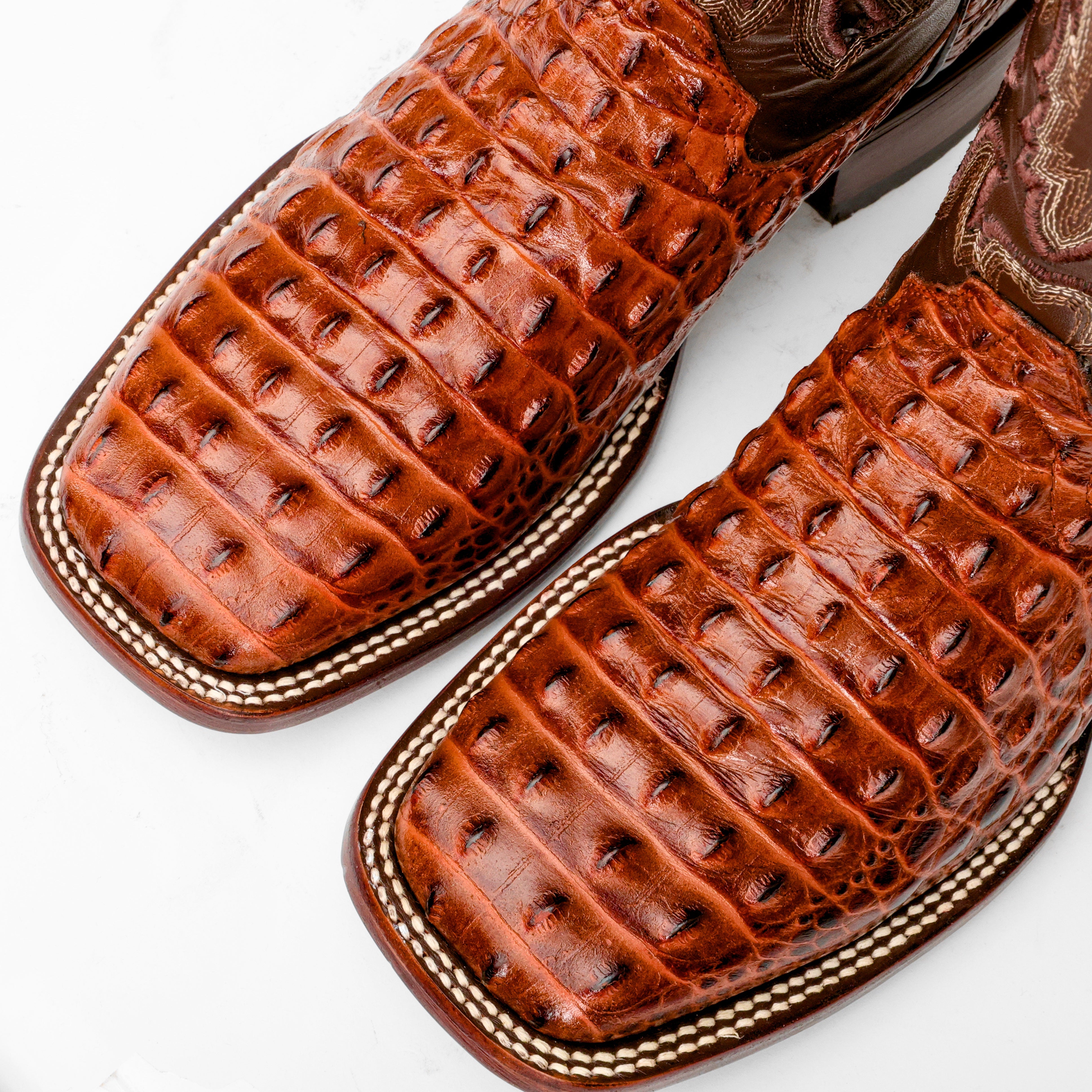 Cognac Caiman Hornback Leather Boots - Square Toe