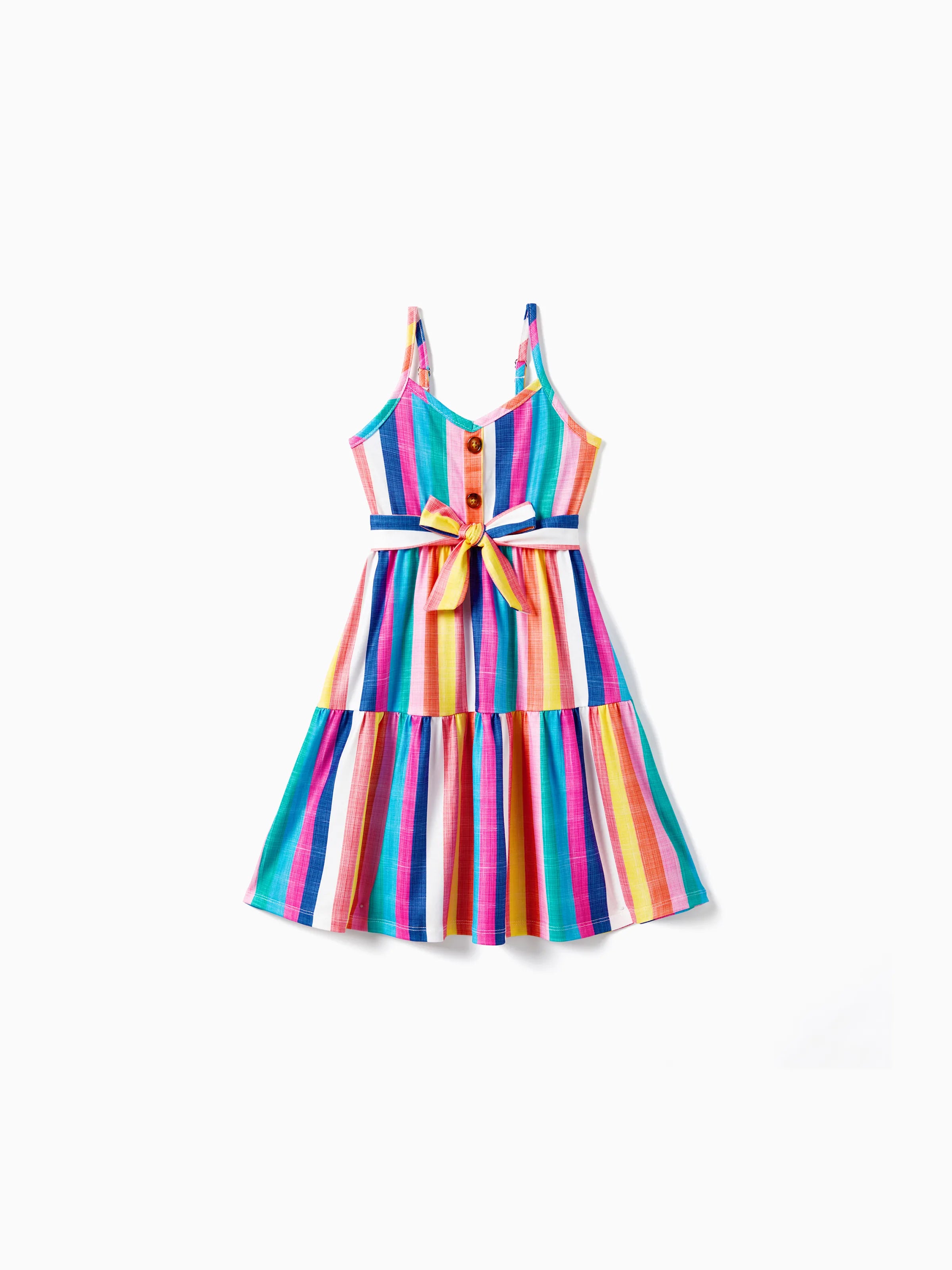 Family Matching Multi-Color Stripe T-shirt and Ruffle Hem Button Strap Dress Sets COLOREDSTRIPES