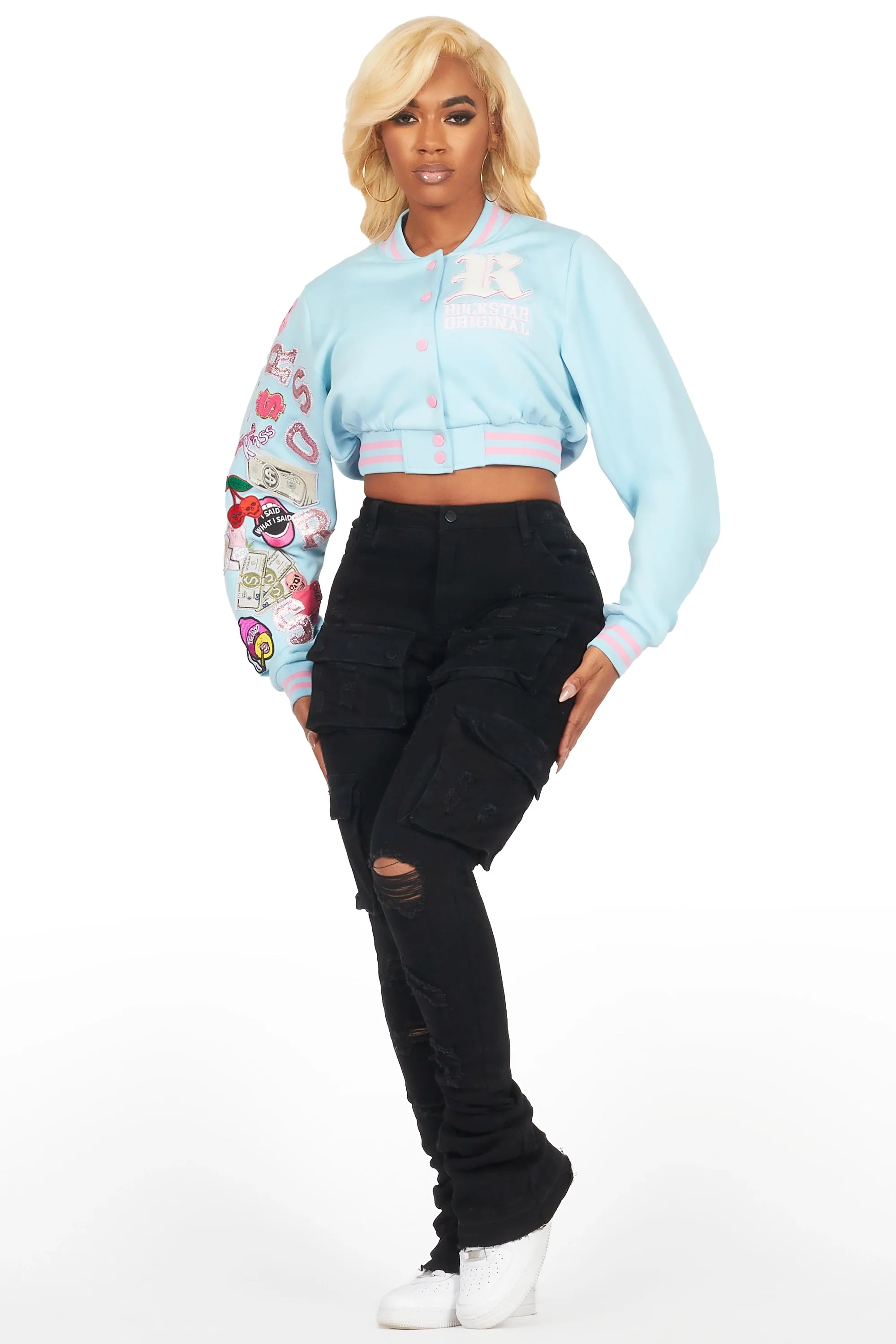 Jakaira Blue Crop Varsity Jacket