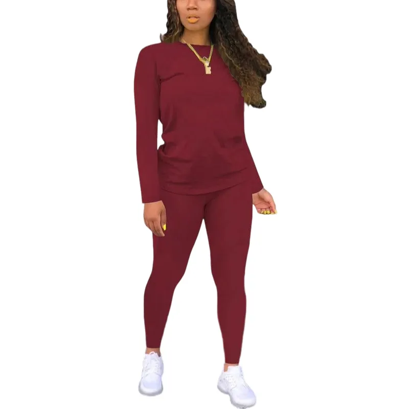 Women's Minimalist Chic Solid Long Sleeve Tee & Elastic Waist Pants Set
