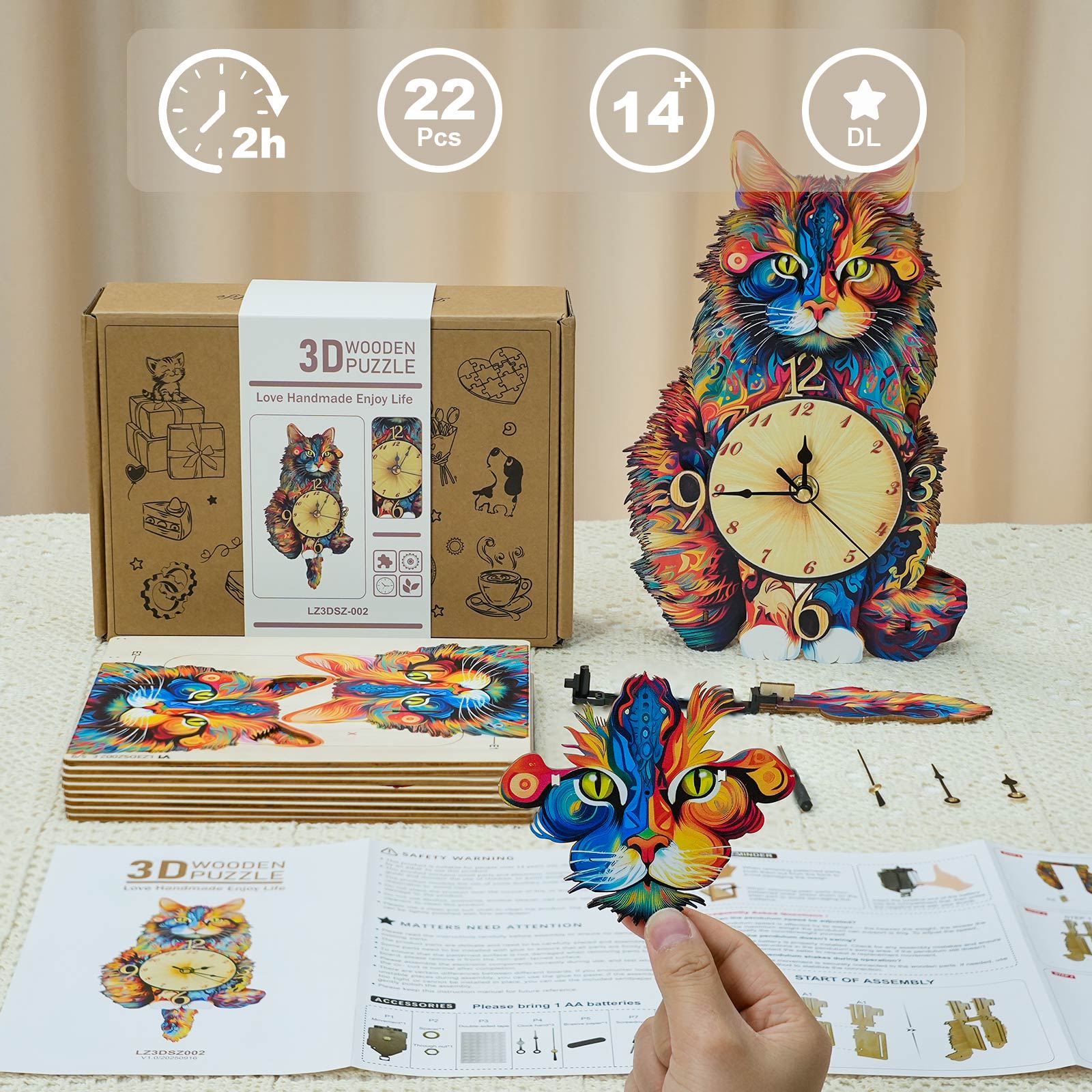 Maine Coon – DIY Wooden Clock, 3D Puzzle Craft Kit