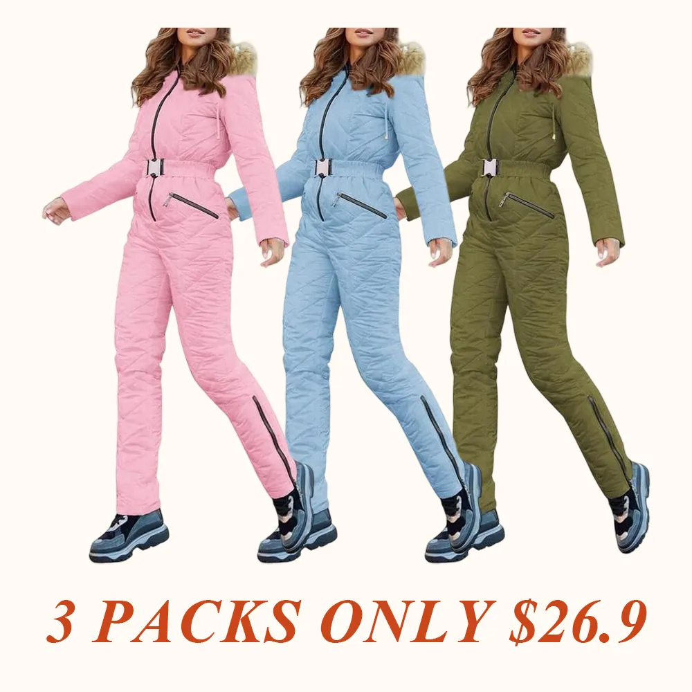Women's Winter Ski Suit One-Piece Hooded Fur Collar Jumpsuit