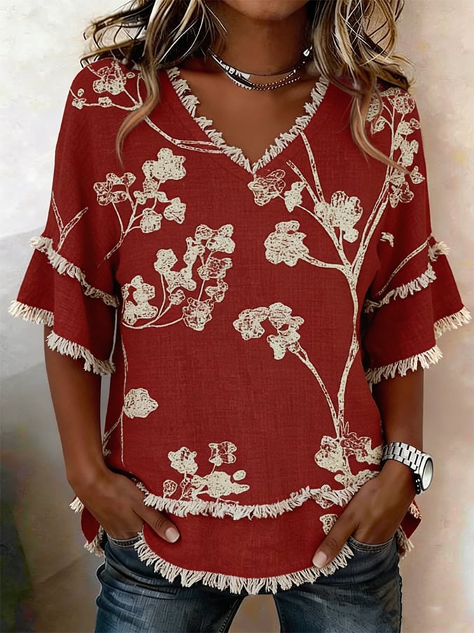 🔥Free Shipping Over $69🔥Women'S Casual Frayed-Edge Spliced ​​Printed Top