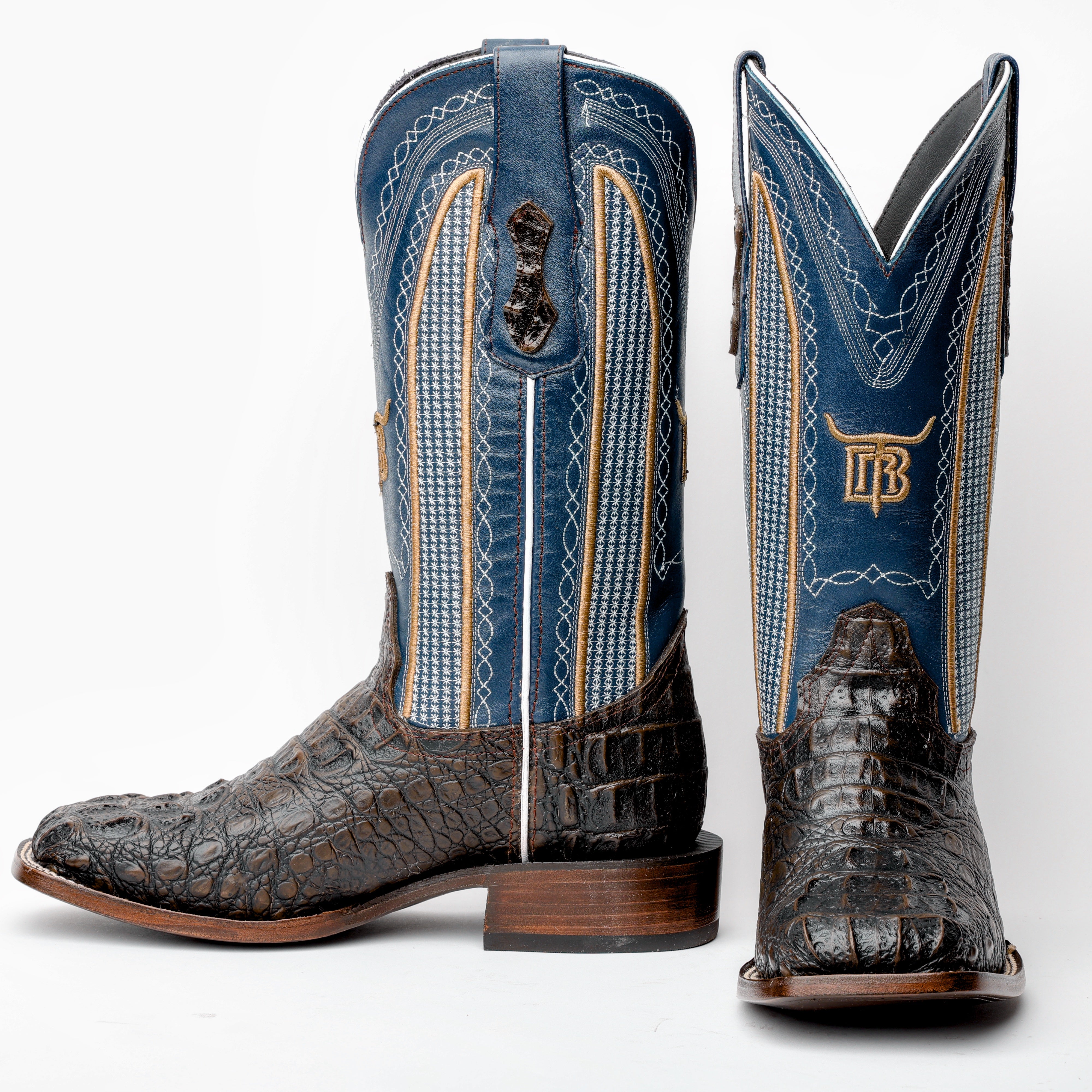 Dark Chocolate Caiman Neck Leather Boots - Square Toe