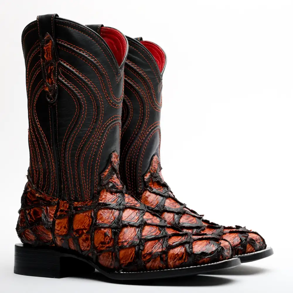 Cognac Jumbo Pirarucu Leather Boots - Square Toe