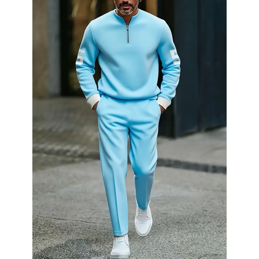 Fashion Stand up Collar Half Zipper Geometric Casual Simple Men's Set