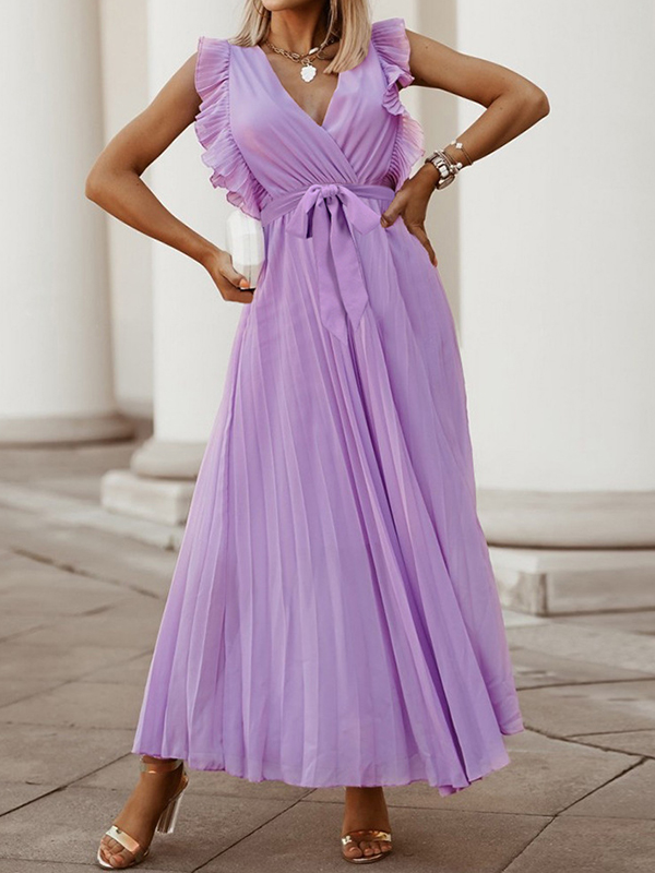 Floral Pleated Solid Color Split-Joint Tied Waist Loose Sleeveless V-Neck Maxi Dresses