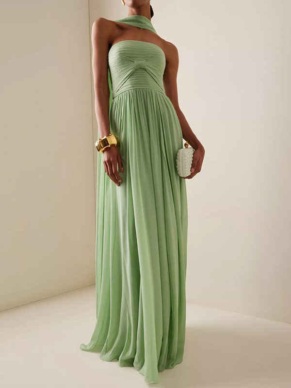 Solid Color Pleated Sleeveless Tube Vacation Chiffon Maxi Dresses