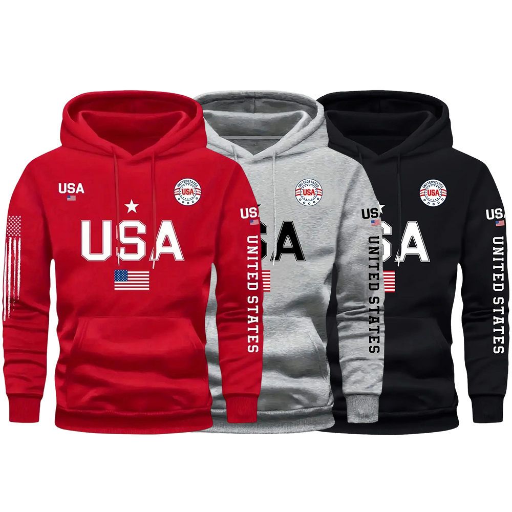 USA flag print hoodie men's fleece sweatshirt, 2026 spring pullover hooded sports hoodie