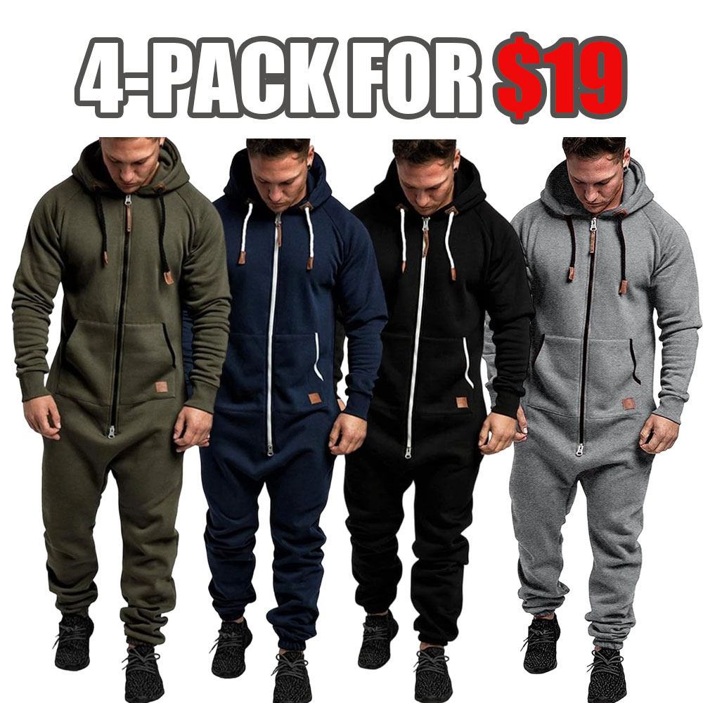 Mens Fleece Lined Hooded Jumpsuit Full Zip Up One Piece Pajamas Onesie Overalls Rompers Playsuit Jogging Sweatsuits
