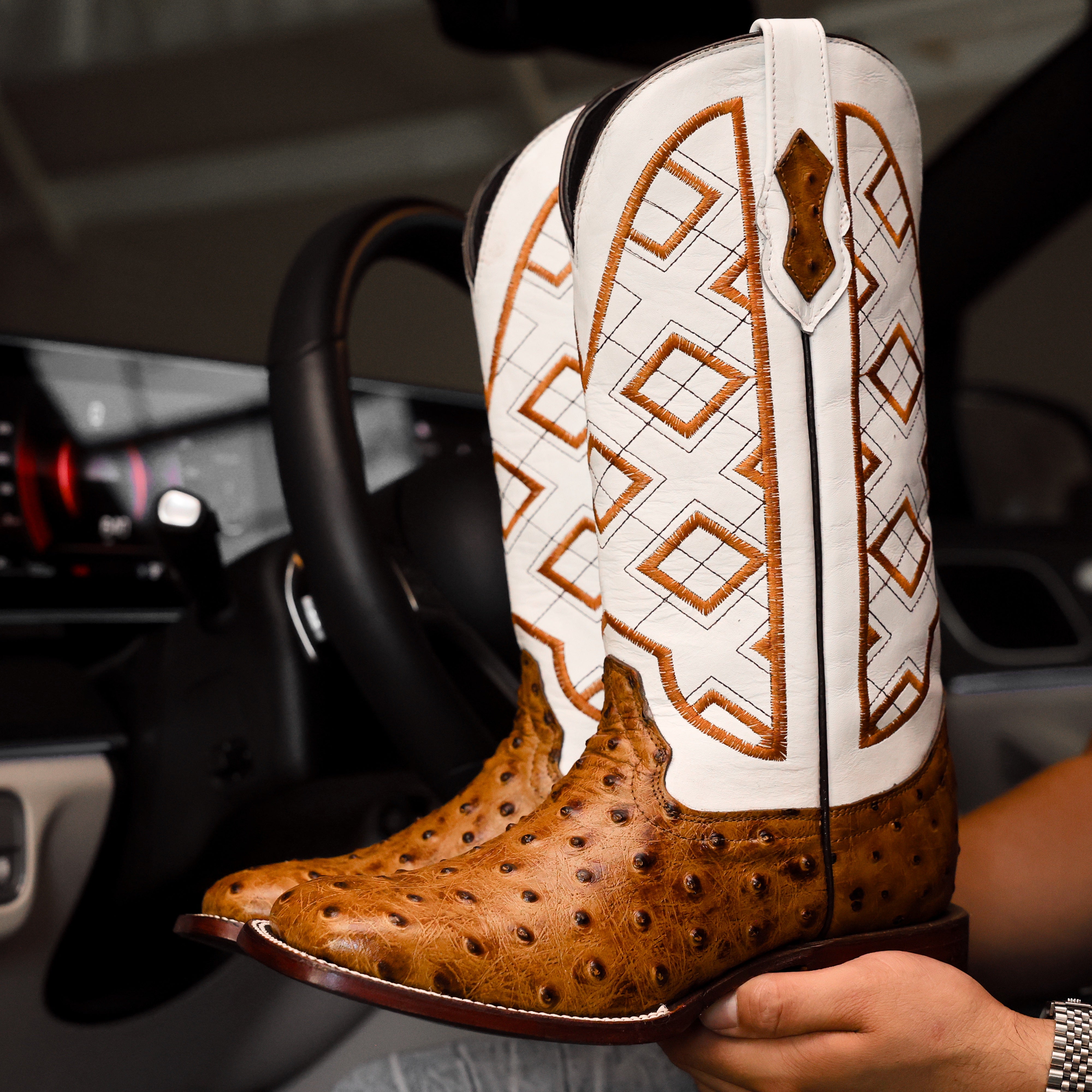 Honey Ostrich Leather Boots - Square Toe