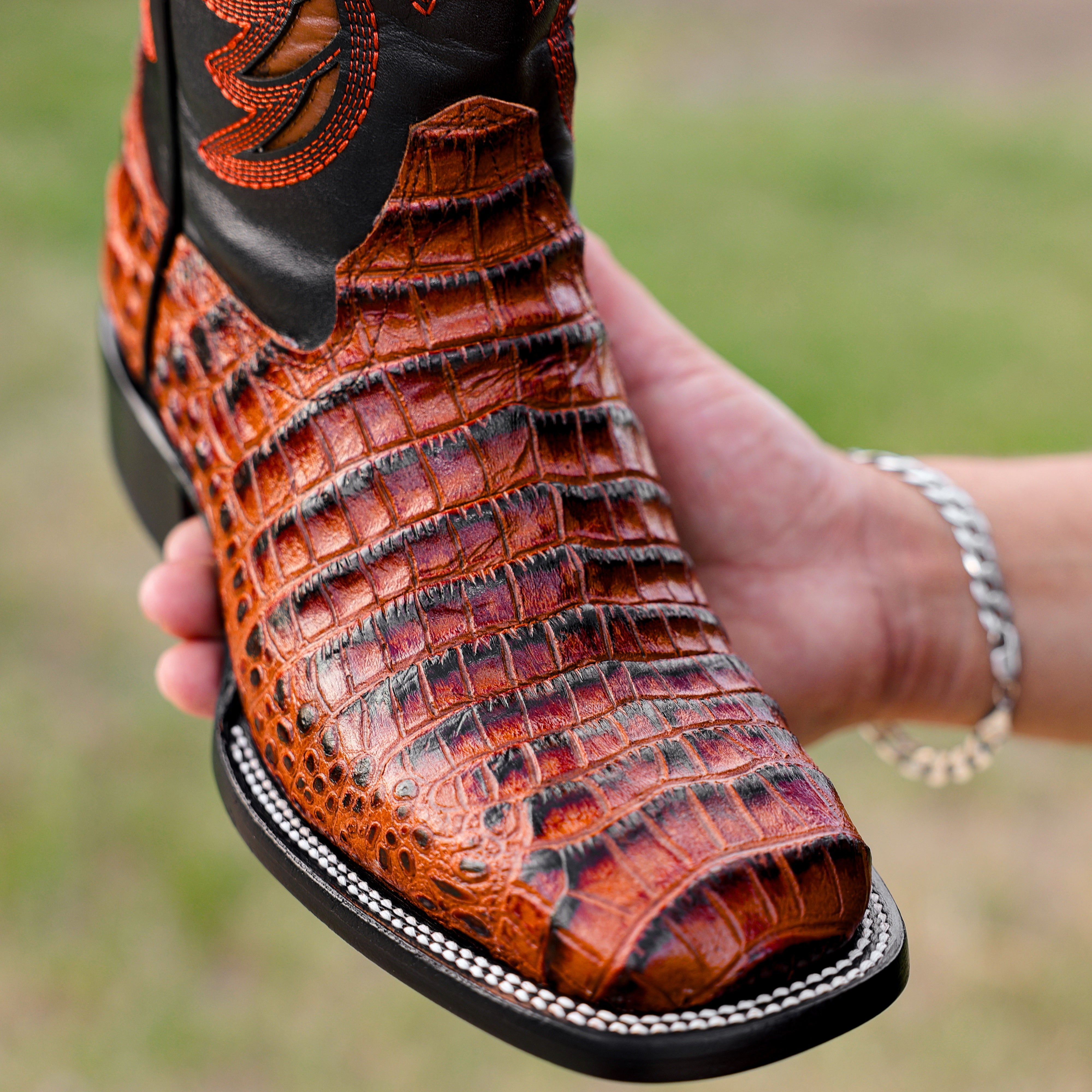 Cognac Caiman Belly Leather Boots - Square Toe