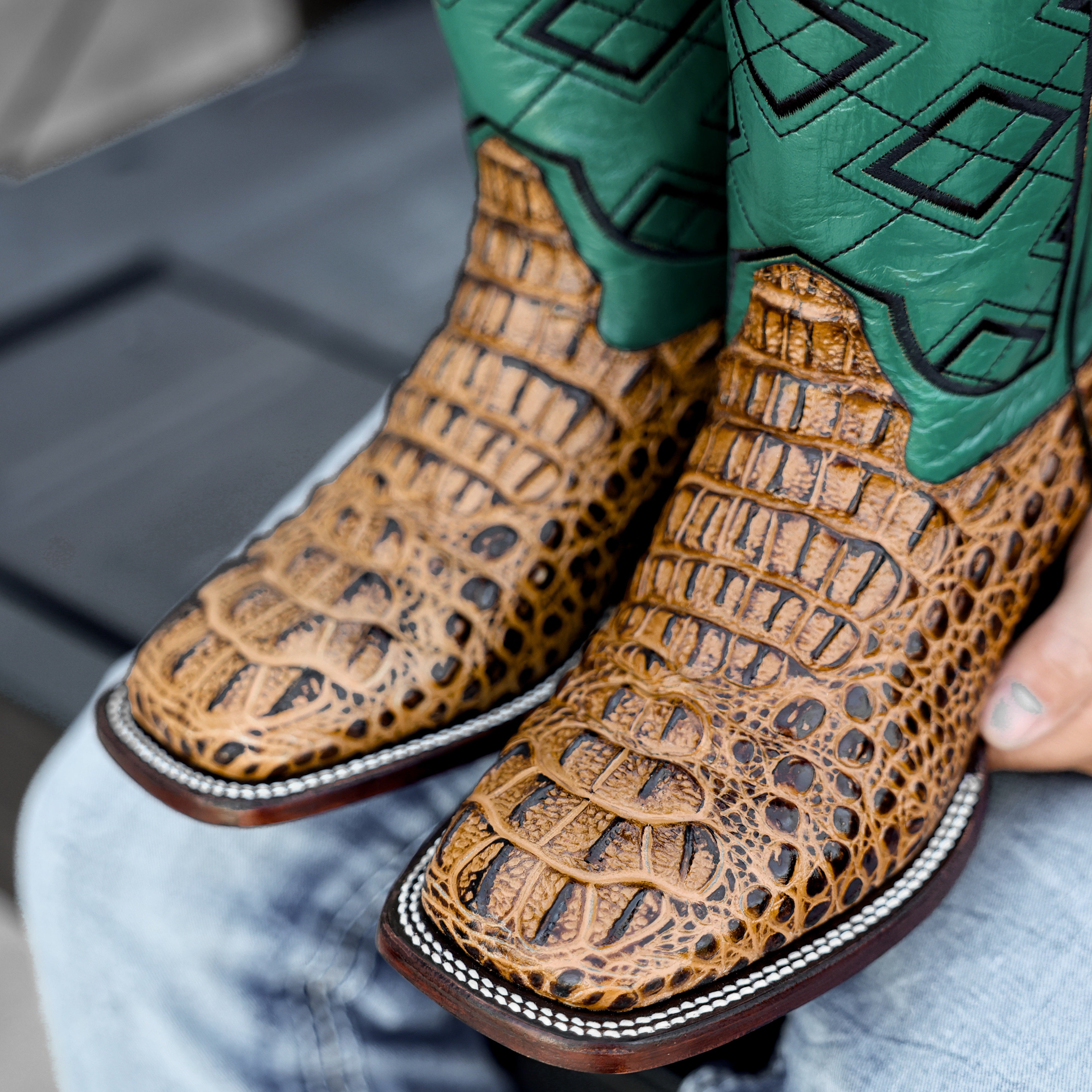 Honey Caiman Neck Leather Boots - Square Toe